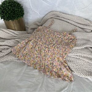 American Eagle Outfitters Pink and Yellow Smocked Pleated Tank Top Size M